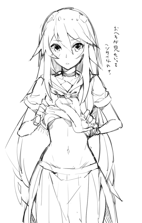 1girl gebyy-terar long_hair monochrome ookami-san ookami_ryouko school_uniform shirt_lift sketch solo