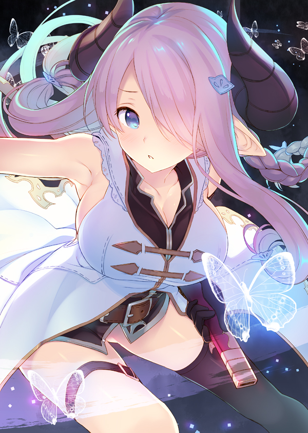 1girl armpits bare_shoulders belt belt_buckle black_gloves black_legwear blue_eyes blush breasts buckle butterfly cleavage collarbone gloves glowing_butterfly gluteal_fold granblue_fantasy hair_ornament hair_over_one_eye hairclip holding horns large_breasts leaning_forward looking_at_viewer narumeia_(granblue_fantasy) outstretched_arm parted_lips pink_hair pointy_ears sheath single_thighhigh sleeveless solo tatami_to_hinoki thigh-highs thigh_strap