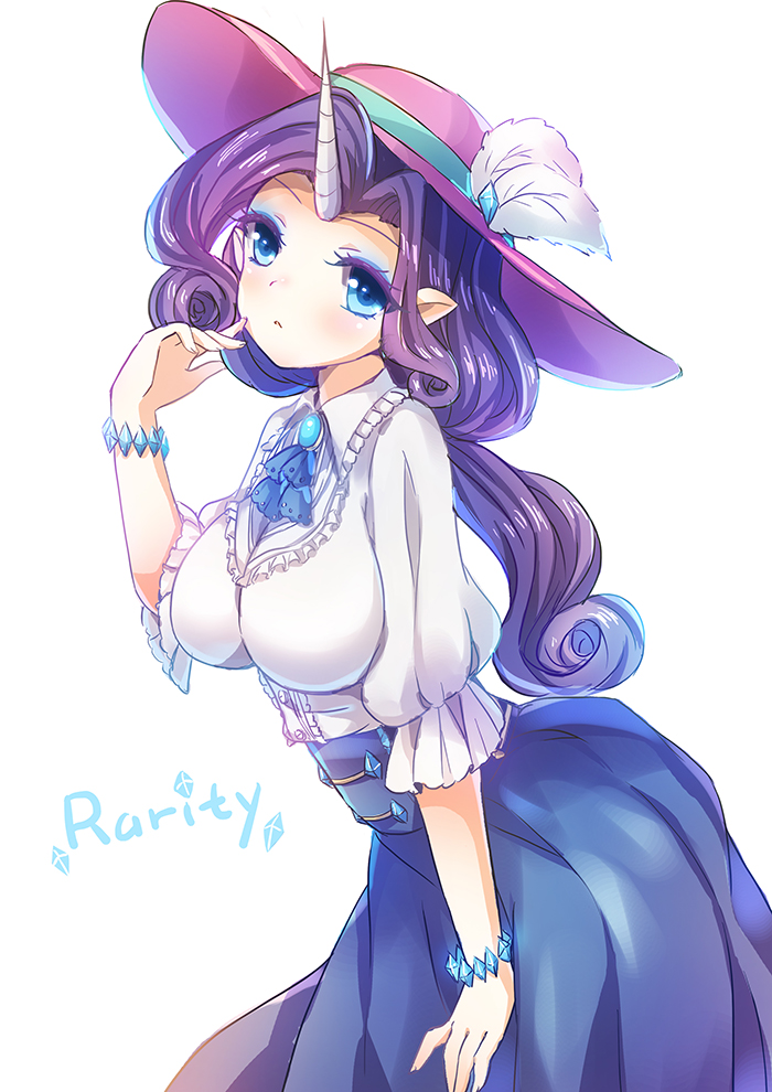1girl blue_eyes bracelet breasts character_name colored_eyelashes curly_hair diamond emia_wang eyeshadow finger_to_mouth frills hat horn jewelry long_hair looking_at_viewer makeup my_little_pony my_little_pony_friendship_is_magic outstretched_arm payot personification pointy_ears purple_hair rarity shiny shiny_hair simple_background solo tagme tsurime white_background widow's_peak