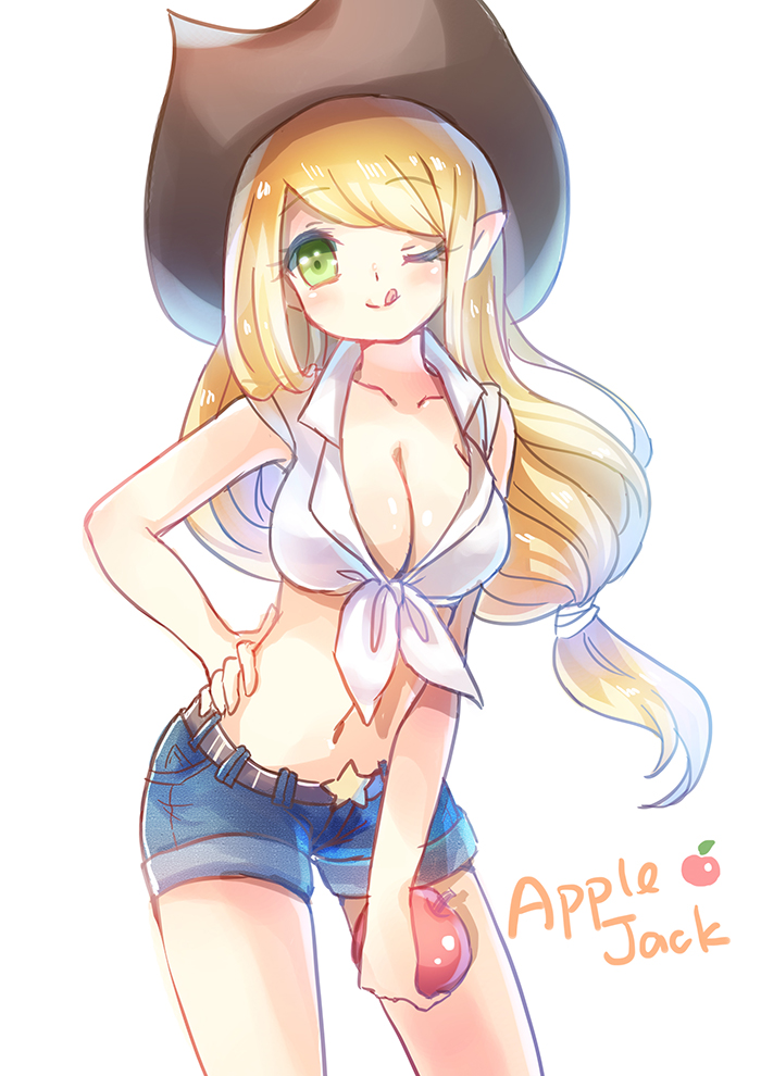 1girl apple applejack bangs belt blonde_hair breasts character_name cleavage collarbone cowboy_hat cowboy_shot denim denim_shorts emia_wang food front-tie_top fruit green_eyes hand_on_hip hat holding holding_fruit leaning_forward long_hair looking_at_viewer low-tied_long_hair midriff my_little_pony my_little_pony_friendship_is_magic navel one_eye_closed payot personification pointy_ears shiny shiny_hair shiny_skin short_shorts shorts simple_background sleeveless sleeves_rolled_up smile solo standing star swept_bangs tagme tareme tied_shirt tongue tongue_out white_background