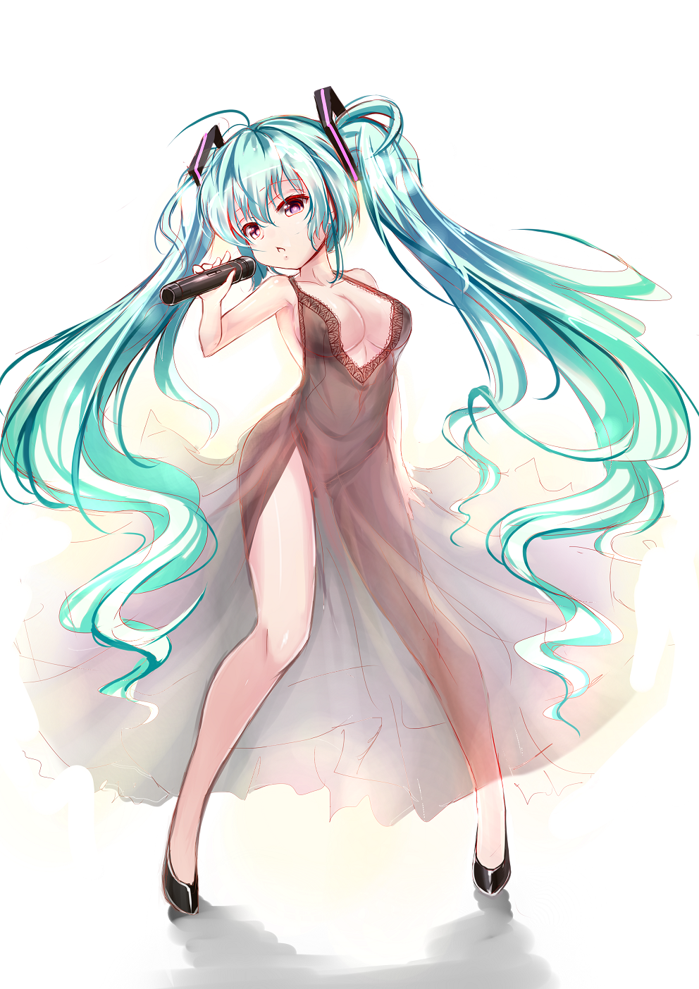 1girl alternate_eye_color aqua_hair bare_shoulders black_dress breasts cleavage dress hatsune_miku highres long_hair microphone pink_eyes side_slit sketch solo standing twintails very_long_hair vocaloid zheyi_parker