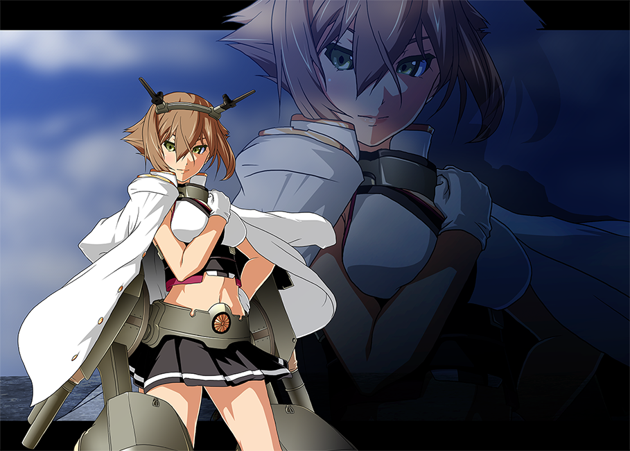 1girl breasts brown_hair gloves green_eyes hairband hand_on_hip hand_on_own_chest headgear kantai_collection machinery midriff military military_uniform mutsu_(kantai_collection) naval_uniform navel pleated_skirt short_hair skirt solo turret uniform white_gloves yume_developing