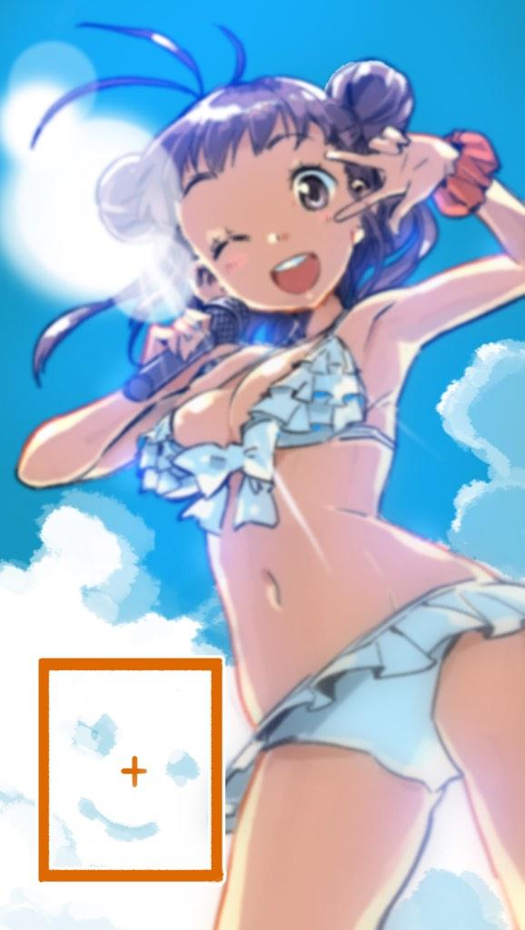 1girl bikini blurry brown_hair clouds commentary depth_of_field double_bun kantai_collection lens_flare microphone naka_(kantai_collection) nonco one_eye_closed short_hair sky solo sun swimsuit v viewfinder