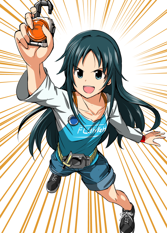 1girl belt black_hair blue_eyes female idolmaster idolmaster_cinderella_girls kamen_rider kamen_rider_gaim_(series) lock_seed long_hair ment nanjou_hikaru sengoku_driver smile solo