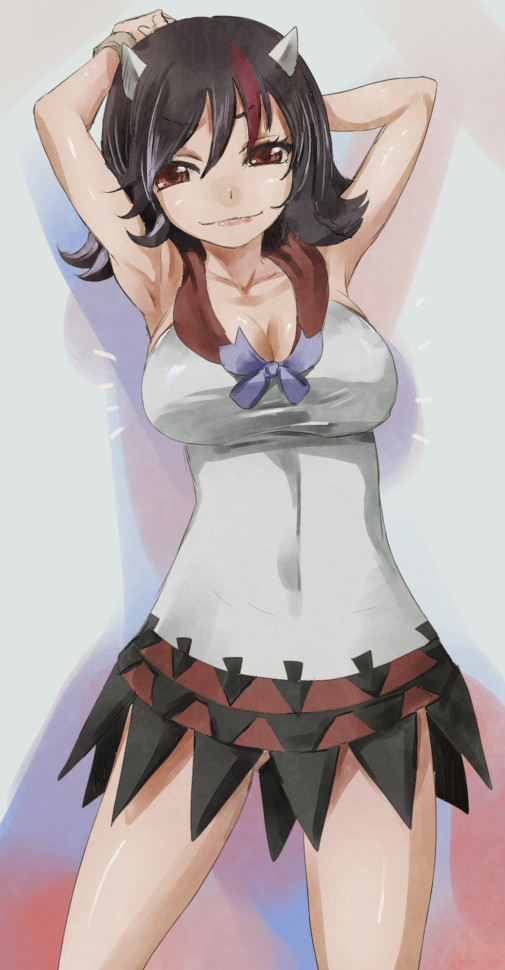 1girl armpits arms_behind_head arms_up black_hair blue_bow bow bracelet breasts cleavage collarbone commentary_request covered_navel cowboy_shot directional_arrow dress horns jewelry kijin_seija large_breasts lips multicolored_hair red_eyes redhead short_dress short_hair solo taut_clothes taut_dress touhou white_hair yohane