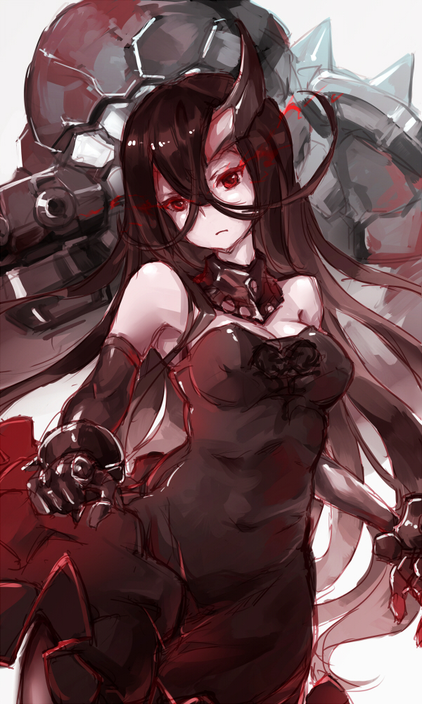 1girl battleship_water_oni black_dress black_gloves black_hair breasts bust cleavage dress elbow_gloves gloves horn kantai_collection labombardier! long_hair looking_at_viewer pale_skin pointing pointing_at_viewer red_eyes shinkaisei-kan sleeveless sleeveless_dress solo very_long_hair