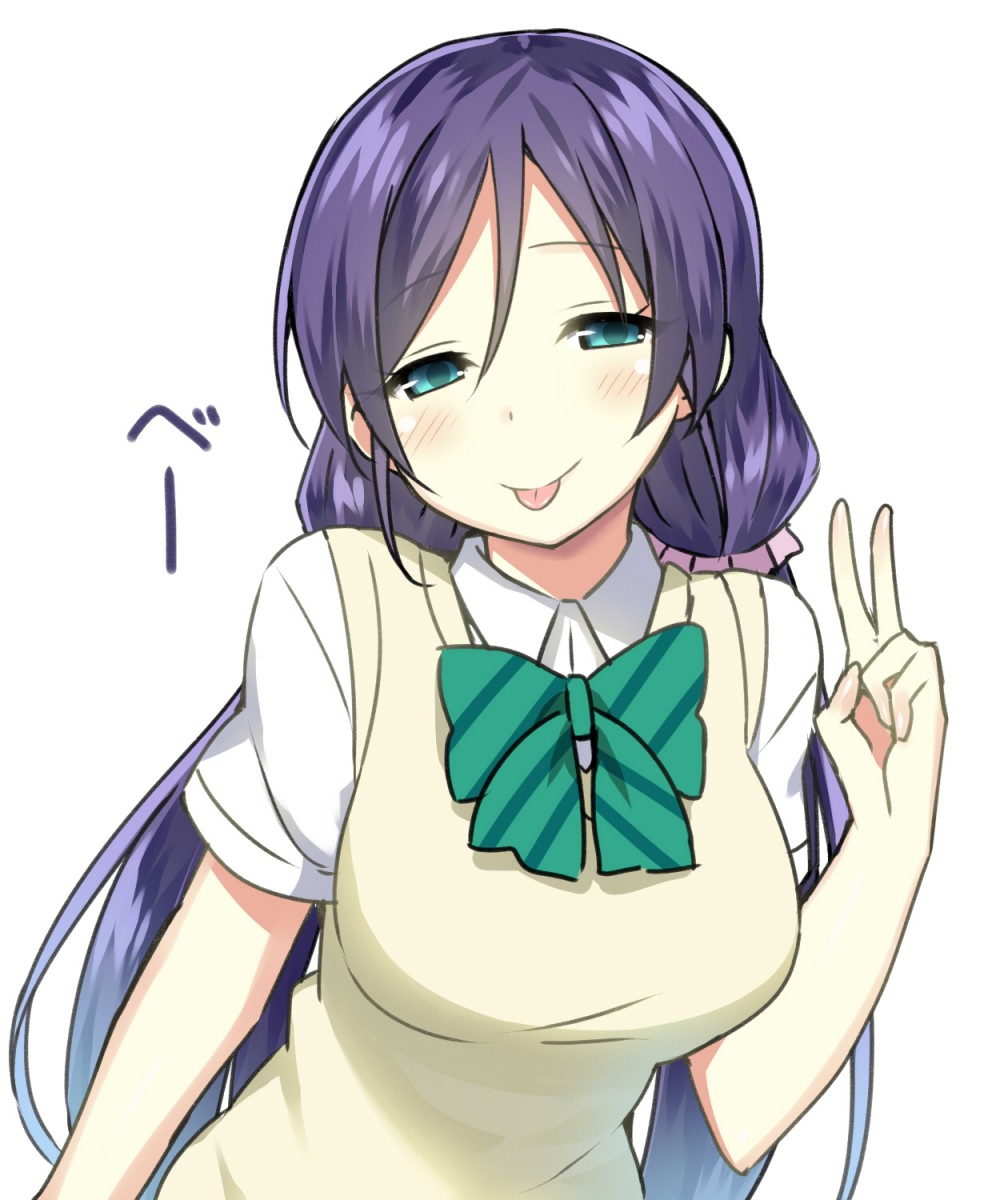 1girl black_hair blue_eyes blush breasts green_eyes highres long_hair looking_at_viewer love_live!_school_idol_project purple_hair school_uniform sky_(freedom) smile solo tongue tongue_out toujou_nozomi twintails v