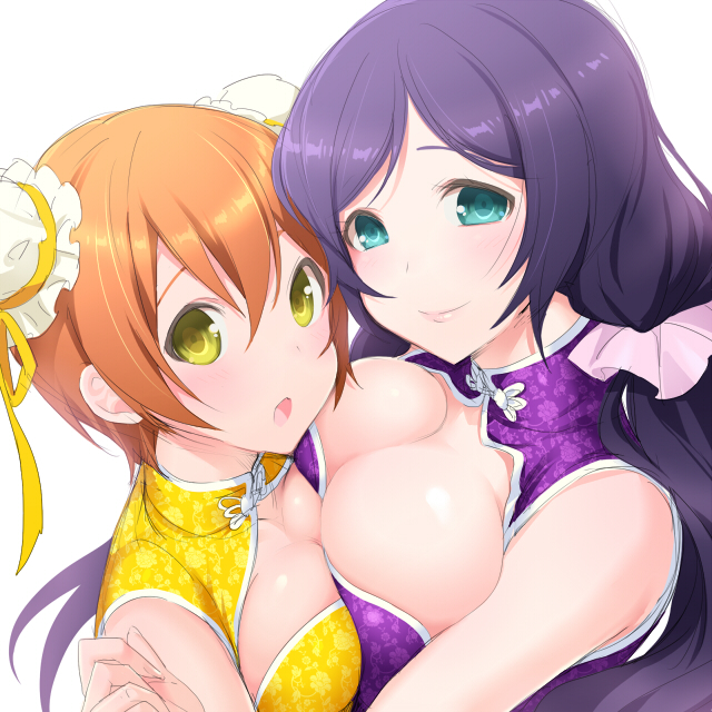 2girls akira_(natsumemo) blush breast_press breasts bun_cover china_dress chinese_clothes cleavage double_bun green_eyes hoshizora_rin large_breasts long_hair looking_at_viewer love_live!_school_idol_project multiple_girls open_mouth orange_hair purple_hair short_hair simple_background smile symmetrical_docking toujou_nozomi twintails white_background yellow_eyes