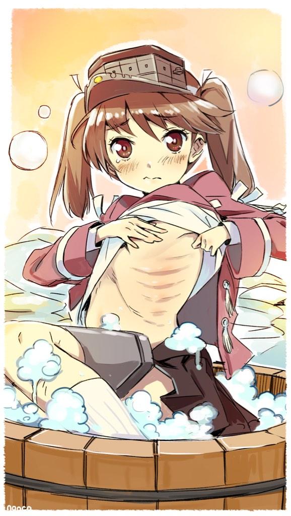 1girl brown_eyes brown_hair bubble crying crying_with_eyes_open kantai_collection long_hair looking_at_viewer nonco ribs ryuujou_(kantai_collection) solo tears twintails visor_cap washboard
