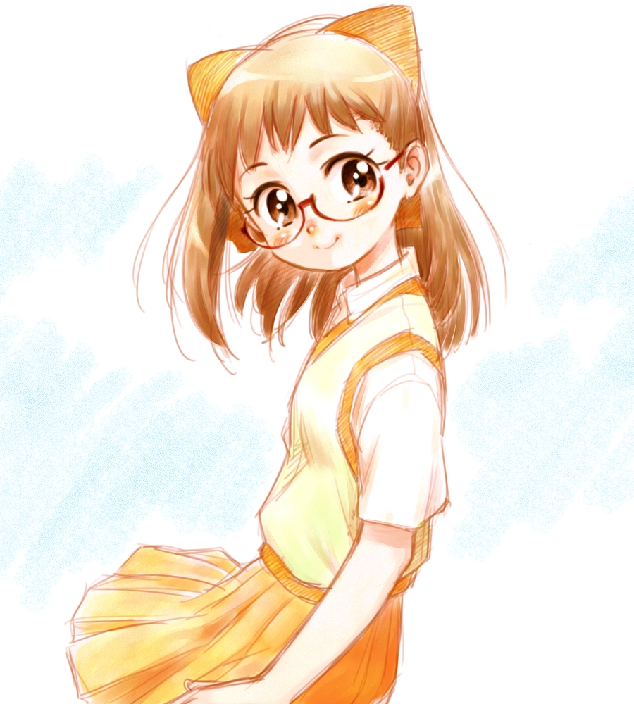 1girl bow brown_eyes brown_hair fujiwara_hazuki glasses hair_bow half_updo kogawa_masayoshi ojamajo_doremi orange_skirt pleated_skirt short_hair short_sleeves side skirt smile solo wind