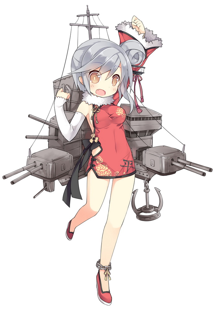 anchor ankle_cuffs arms_up asymmetrical_clothes chain china_dress chinese_clothes elbow_gloves fang gloves gun hair_bun kanji mecha_musume official_art open_mouth ping_hai_(zhan_jian_shaonu) saru short_hair silver_hair simple_background sleeves_past_wrists solo turret weapon white_background yellow_eyes zhan_jian_shaonu