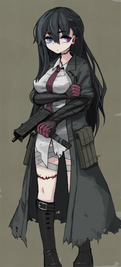 1girl bandages black_hair blue_eyes boots borrowed_character bottomless breasts crossed_arms gun heterochromia injury knee_boots long_hair mac-10 magazine_(weapon) necktie noconol original ringed_eyes rust scar shirt solo stitches submachine_gun tape torn_clothes trench_coat very_long_hair violet_eyes weapon white_shirt