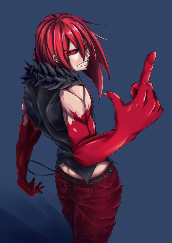 1boy blood carmine evil_grin evil_smile fur_collar grin long_hair muscle red_eyes red_sclera redhead sleeveless smile solo togari1210 under_night_in-birth