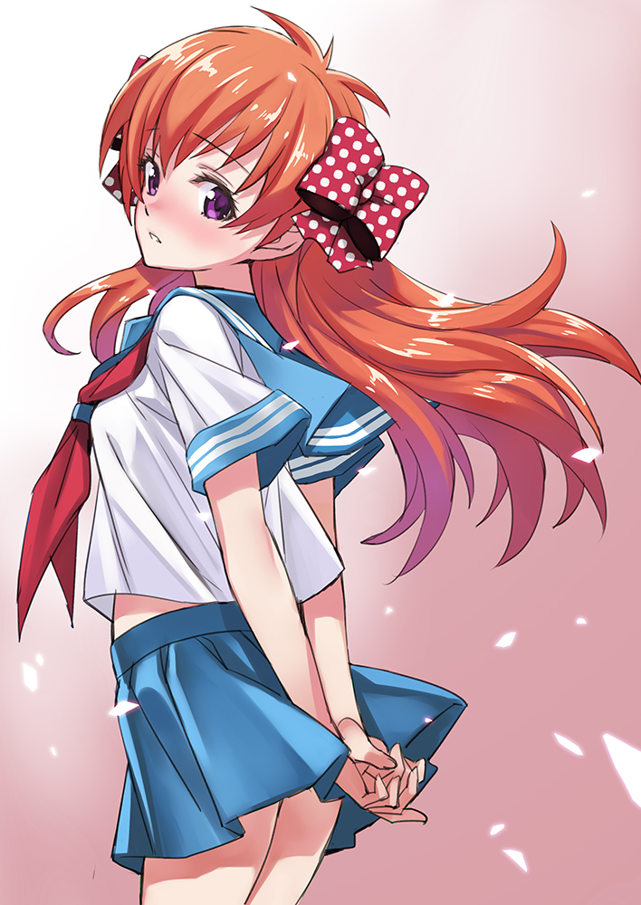 1girl alternate_costume arms_behind_back blush bow embarrassed gekkan_shoujo_nozaki-kun hair_bow long_hair matsuryuu orange_hair parted_lips polka_dot polka_dot_bow sakura_chiyo school_uniform shiny shiny_hair solo violet_eyes