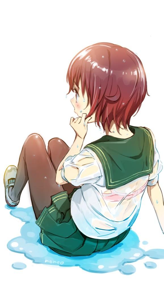 1girl brown_hair commentary kantai_collection mutsuki_(kantai_collection) nonco pantyhose pleated_skirt puddle school_uniform see-through serafuku short_hair skirt solo wet wet_clothes white_background