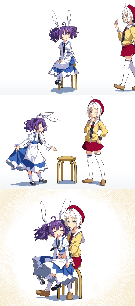 2girls animal_ears apron blue_eyes brown_eyes closed_eyes curtsey dress fake_animal_ears hat highres jacket kimoto_kanata long_hair multiple_girls necktie original purple_hair rabbit_ears ribbon short_hair silver_hair sitting sitting_on_lap sitting_on_person skirt smile stool thigh-highs twintails