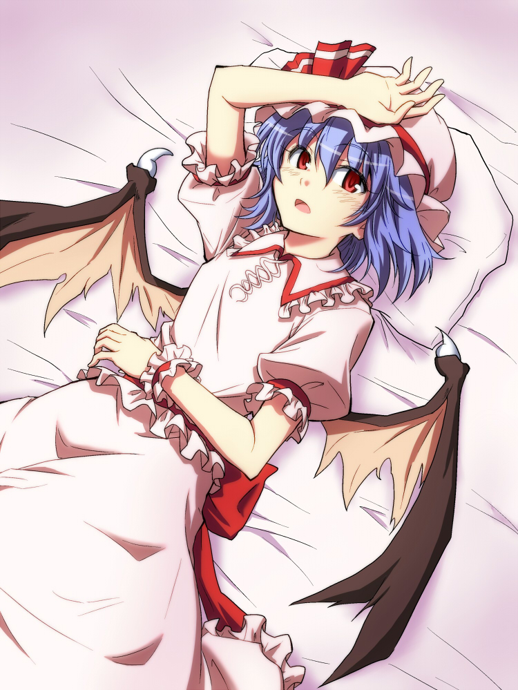 1girl bat_wings blue_hair blush bow hat hat_bow lying on_back red_eyes remilia_scarlet rimibure sash solo touhou wings wrist_cuffs