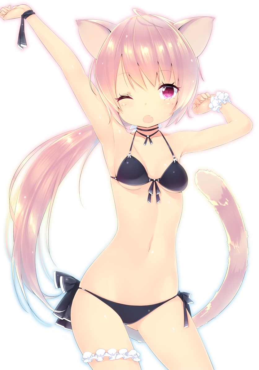 1girl ahoge animal_ears arms_up bare_shoulders bikini black_bikini blush breasts cat_ears cat_tail fang front-tie_top leg_garter long_hair looking_at_viewer navel one_eye_closed open_mouth original pink_eyes pink_hair ponytail side-tie_bikini simple_background solo stretch swimsuit tail white_background zizi_(zz22)