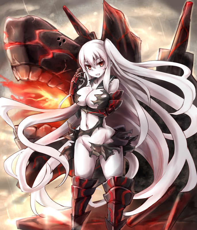 1girl armored_aircraft_carrier_hime armored_boots bare_shoulders black_dress blush breast_hold breasts cleavage dress gauntlets huge_breasts kantai_collection long_hair looking_at_viewer machinery navel no_bra no_panties one_side_up pale_skin sailor_collar shinkaisei-kan smile solo sumapan torn_clothes very_long_hair white_hair white_skin