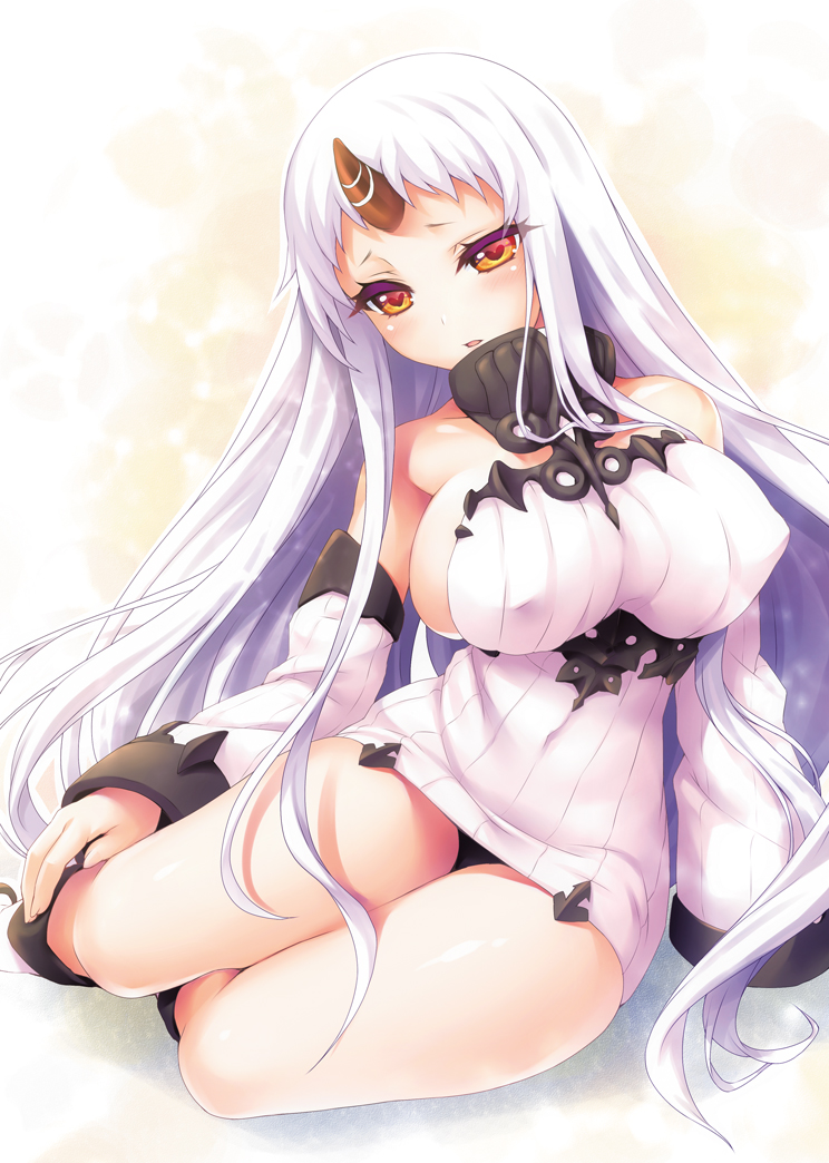 1girl amber_eyes aquavit bare_shoulders breasts detached_sleeves horn kantai_collection large_breasts long_hair long_sleeves seaport_hime sideboob silver_hair sitting solo sweater_dress very_long_hair