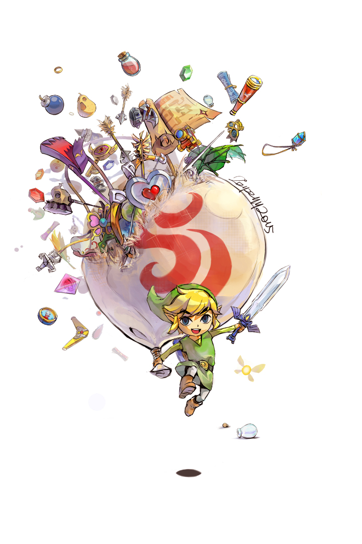 1boy bag blonde_hair blue_eyes boomerang bottle compass fairy hammer hat key link map master_sword pointy_ears signature the_legend_of_zelda toon_link wind_waker zzyzzyy