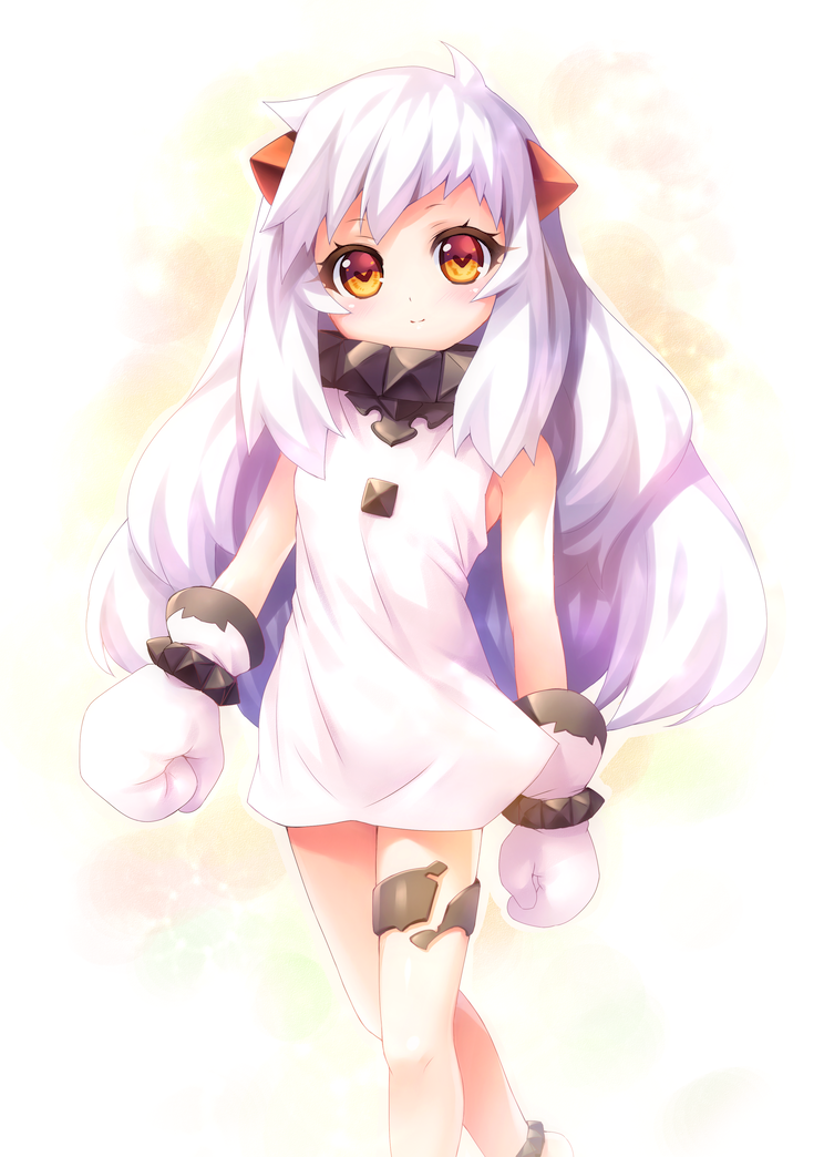 1girl amber_eyes dress horns kantai_collection light_smile long_hair mittens northern_ocean_hime silver_hair solo thigh_strap very_long_hair white_dress