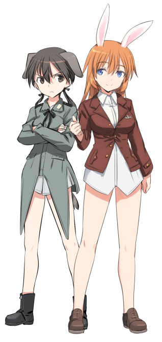 2girls animal_ears bare_legs black_hair blue_eyes blush boots breasts charlotte_e_yeager crossed_arms dog_ears dog_tail gertrud_barkhorn large_breasts long_hair looking_at_viewer low_twintails military military_uniform multiple_girls orange_hair rabbit_ears shimada_fumikane short_hair simple_background smile strike_witches tail twintails uniform white_background