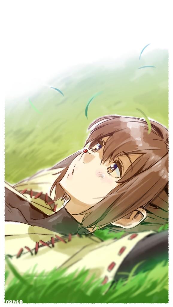 1girl blurry brown_eyes brown_hair depth_of_field field grass hyuuga_(kantai_collection) japanese_clothes kantai_collection ladybug lying neko_no_ongaeshi nonco parody short_hair solo