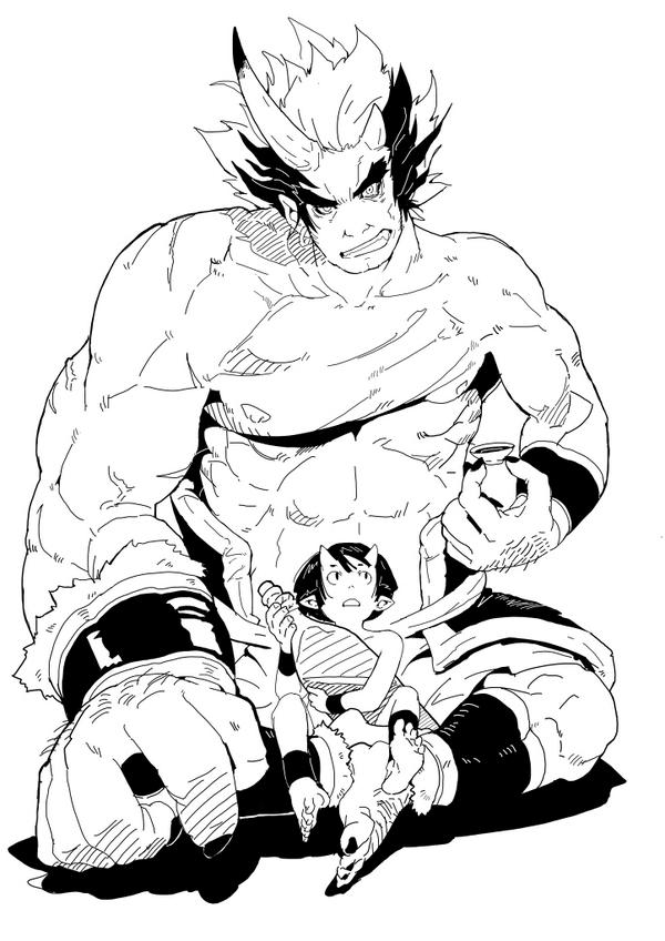 2boys bottle fang father_and_son grin horns male monochrome multiple_boys muscle oni original pointy_ears sake_bottle shirtless size_difference smile zngo