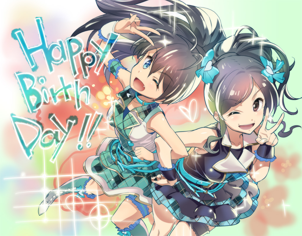 2girls andou_chikanori black_hair blue_eyes boots brown_eyes fang ganaha_hibiki hand_on_hip happy_birthday heart idolmaster idolmaster_one_for_all knee_boots locked_arms long_hair looking_at_viewer multiple_girls numakura_manami open_mouth plaid plaid_skirt real_life skirt sleeveless sparkle v wrist_cuffs