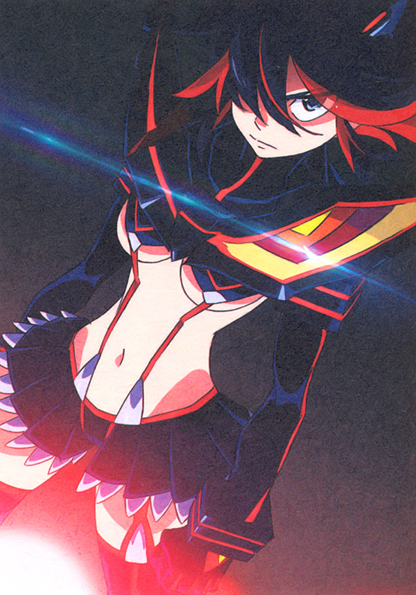 1girl black_hair blue_eyes boots breasts hair_over_one_eye kill_la_kill matoi_ryuuko microskirt midriff moire multicolored_hair navel pleated_skirt redhead revealing_clothes scan scan_artifacts senketsu short_hair skirt solo sushio suspenders symbol-shaped_pupils thigh-highs thigh_boots two-tone_hair under_boob