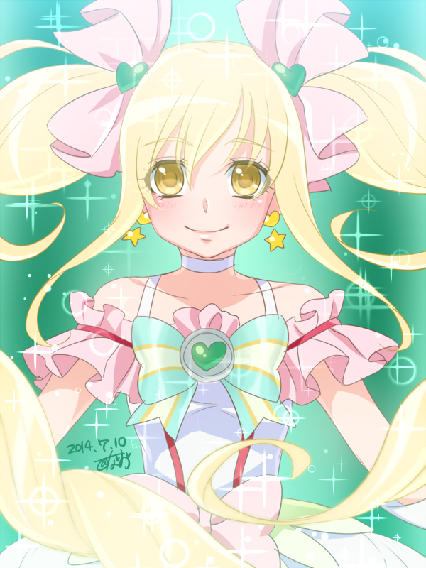 0417nao 1girl 2014 blonde_hair blush choker cure_echo dated dress earrings hair_ornament hair_ribbon happy jewelry long_hair looking_at_viewer magical_girl precure precure_all_stars_new_stage:_mirai_no_tomodachi ribbon sakagami_ayumi signature smile solo twintails very_long_hair yellow_eyes