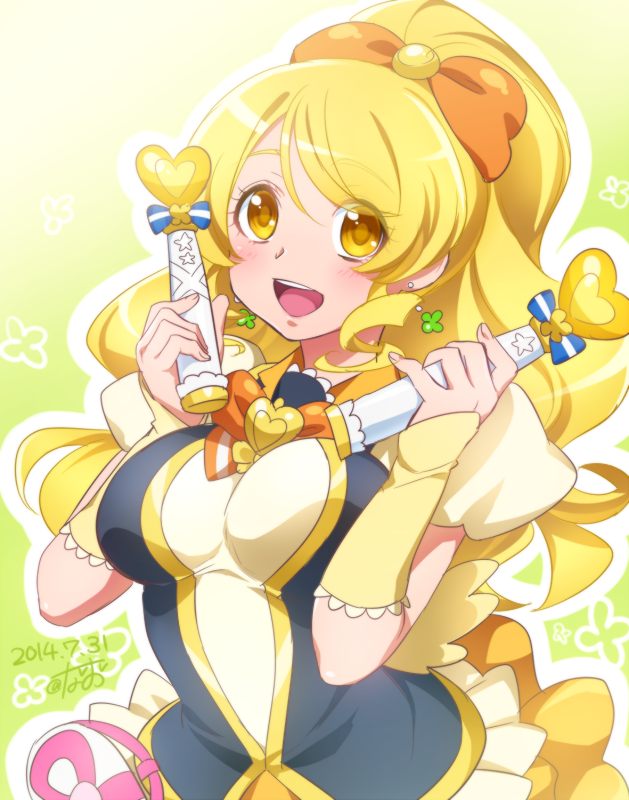 0417nao 1girl blonde_hair blush breasts cure_honey earrings eyelashes hair_ornament hair_ribbon happinesscharge_precure! happy jewelry large_breasts long_hair looking_at_viewer magical_girl oomori_yuuko open_mouth ponytail precure puffy_sleeves ribbon shirt skirt smile solo vest wrist_cuffs yellow_eyes yellow_skirt