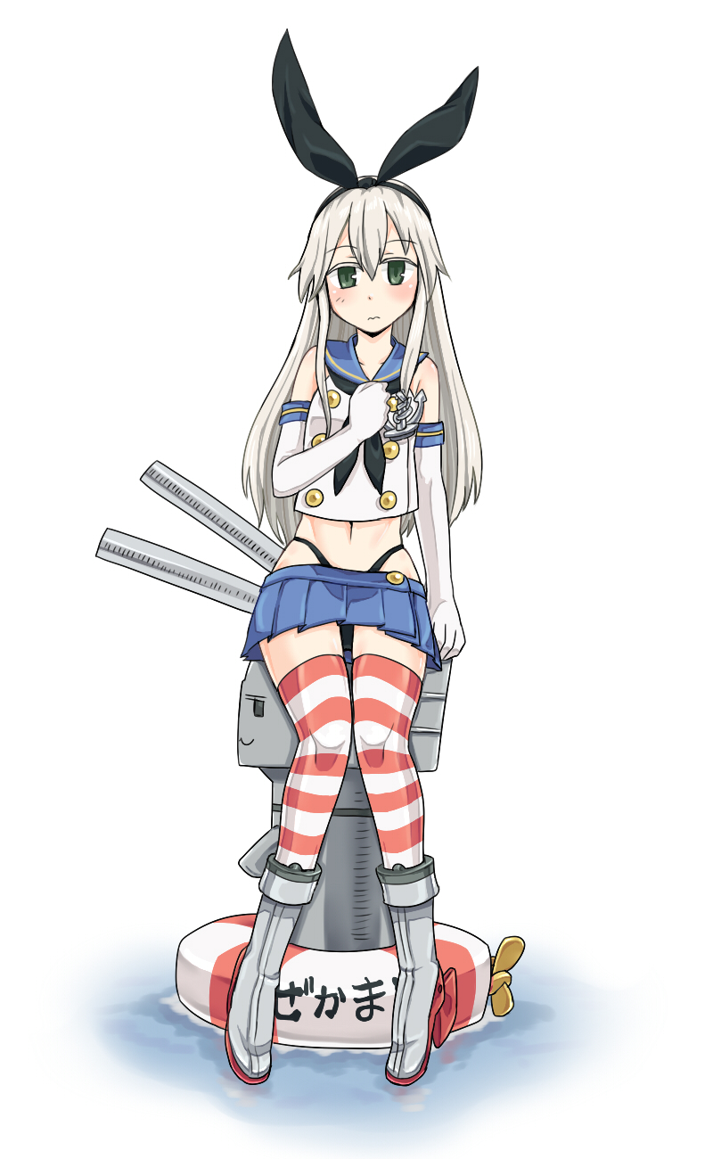 1girl anchor_hair_ornament bare_shoulders black_bow black_panties blue_skirt boots bow elbow_gloves gloves green_eyes hair_bow hairband hand_on_own_chest high_heel_boots high_heels highleg highleg_panties highres kantai_collection leaning lifebuoy long_hair looking_at_viewer midriff miniskirt panties pleated_skirt rensouhou-chan seiryouinryousui shimakaze_(kantai_collection) silver_hair simple_background sitting skirt striped striped_legwear thigh-highs underwear wavy_mouth white_background white_gloves zettai_ryouiki