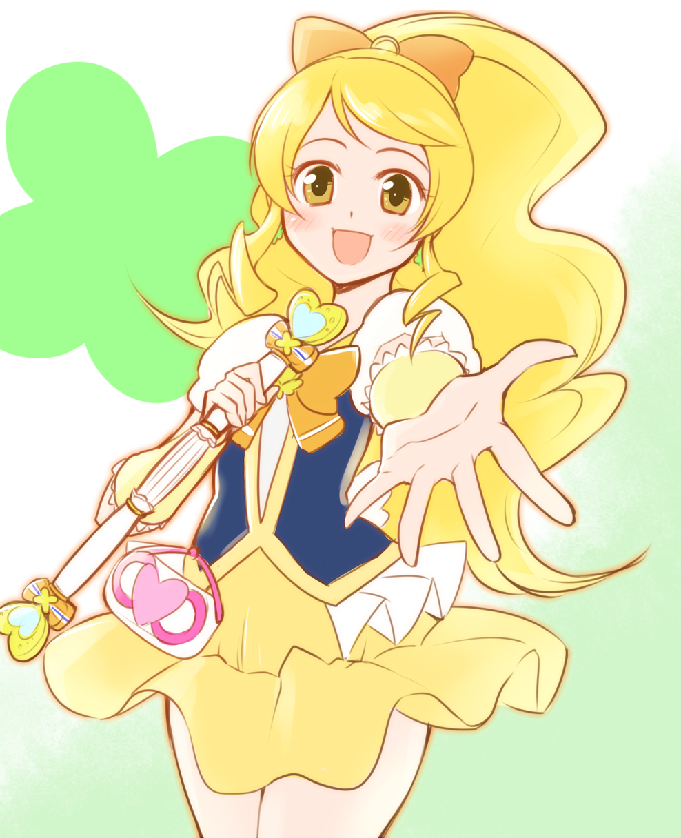 1girl arakawa_tarou blonde_hair blush cure_honey earrings eyelashes happinesscharge_precure! happy highres jewelry long_hair looking_at_viewer magical_girl oomori_yuuko open_mouth precure puffy_sleeves shirt skirt smile solo vest wrist_cuffs yellow_eyes yellow_skirt