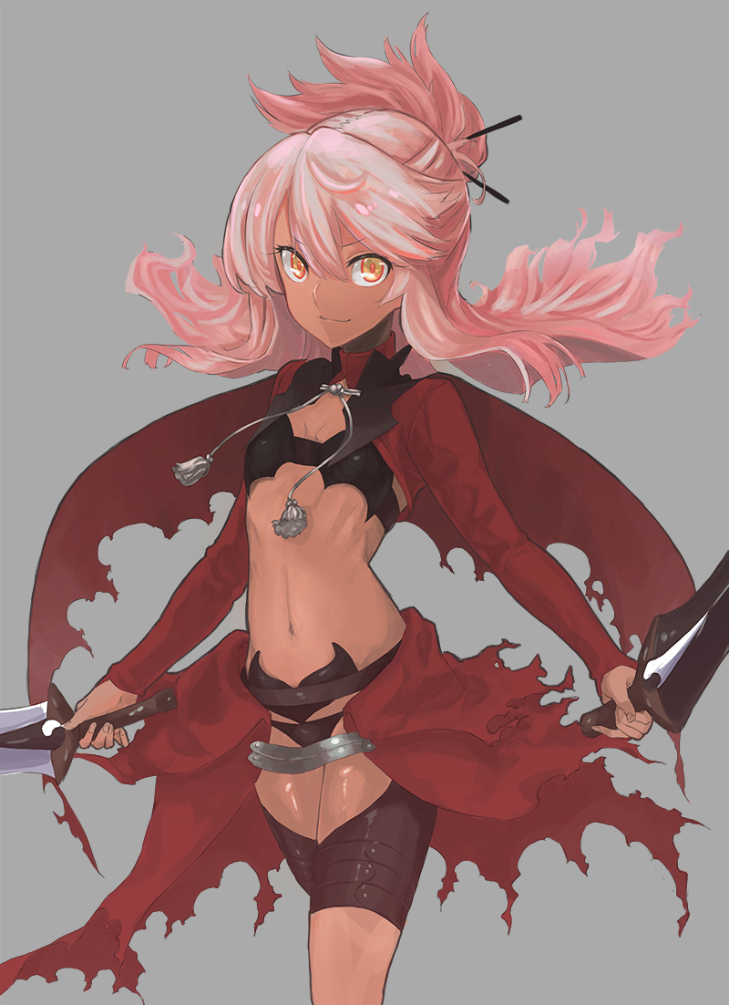 1girl bangs breasts chloe_von_einzbern closed_mouth dark_skin dual_wielding hair_between_eyes hayami_ritsu holding long_hair long_sleeves looking_at_viewer midriff navel outstretched_arms pink_hair silver_background simple_background small_breasts smile solo stomach tassel yellow_eyes