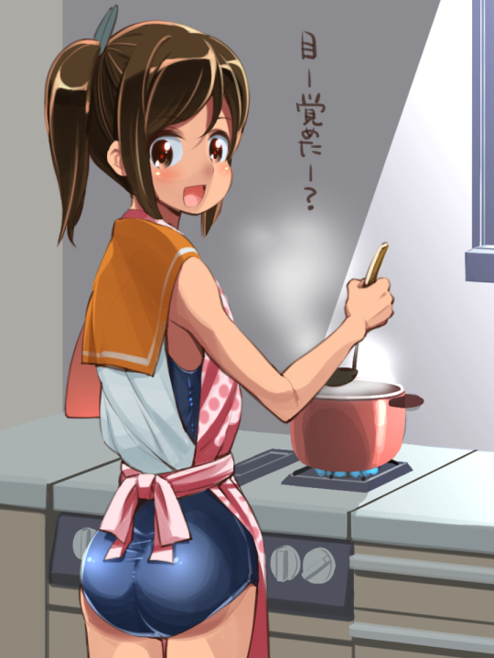1girl apron bare_shoulders blush brown_hair cooking i-401_(kantai_collection) kantai_collection ladle looking_at_viewer looking_back one-piece_swimsuit open_mouth ponytail pot sailor_collar school_swimsuit school_uniform shiden-raiden short_hair short_ponytail smile solo stove swimsuit swimsuit_under_clothes tan translation_request