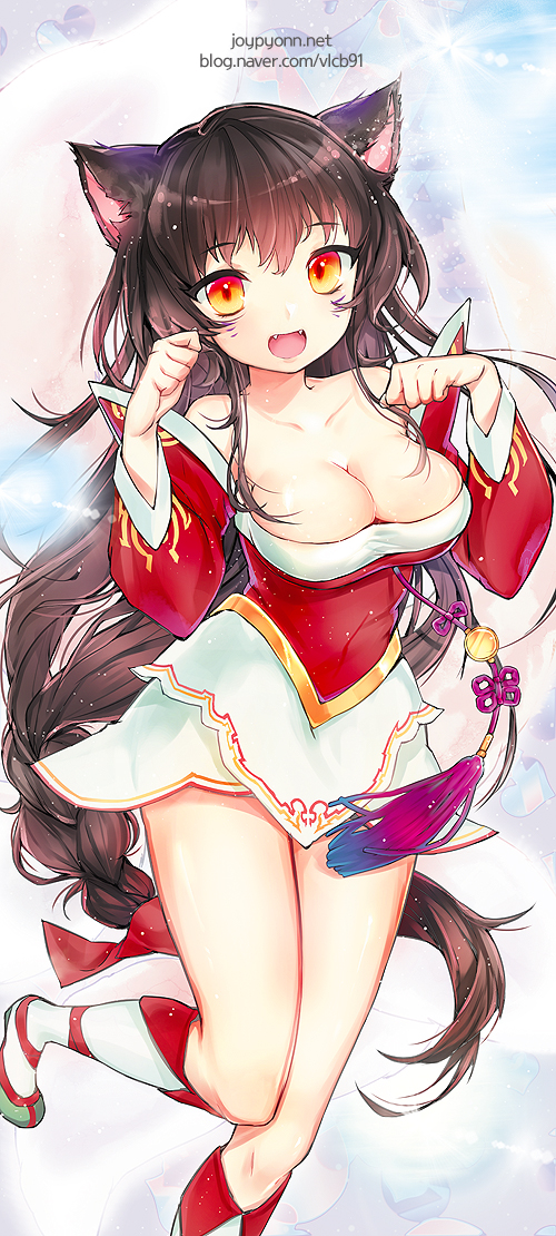 1girl :d ahri animal_ears breasts brown_hair cleavage collarbone detached_sleeves dress fang fox_ears joypyonn league_of_legends long_hair looking_at_viewer open_mouth orange_eyes paw_pose smile solo very_long_hair watermark web_address