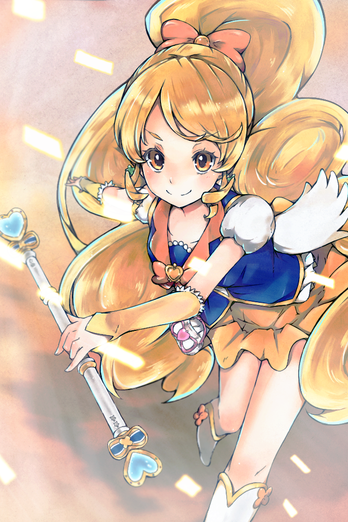 1girl blonde_hair blush boots cure_honey earrings eyelashes hair_ornament hair_ribbon happinesscharge_precure! happy jewelry long_hair looking_at_viewer magical_girl oomori_yuuko ponytail precure ribbon shirt shori_(shorisax) skirt smile solo vest yellow_eyes yellow_skirt