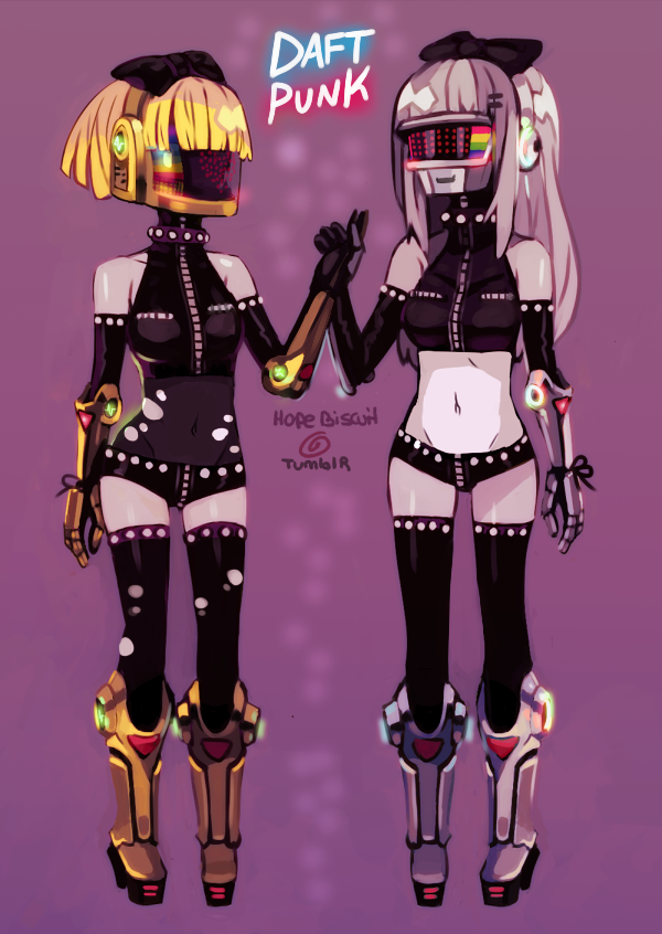 2girls android black_legwear blonde_hair blue_(hopebiscuit) boots bow commentary crop_top daft_punk elbow_gloves genderswap gloves guy_manuel_de_homemchristo hair_bow hairband halter_top halterneck heart helmet holding_hands interlocked_fingers knee_boots long_hair mechanical_arms midriff multiple_girls navel short_hair short_shorts shorts thigh-highs thomas_bangalter