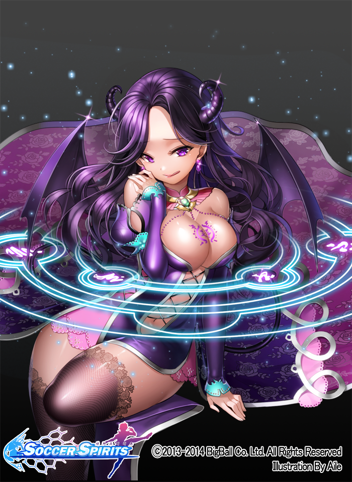 1girl :q aile_(crossroads) black_legwear breasts cleavage demon_tail demon_wings earrings jewelry large_breasts long_hair purple_hair soccer_spirits solo tail tongue tongue_out violet_eyes wings