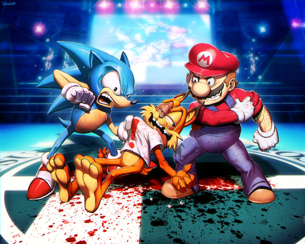 3boys accolade animal blood boxing_ring broken_teeth bubsy bubsy_(character) cat crossover facial_hair genzoman gloves hat hedgehog infogrames injury mario super_mario_bros. mario_bros. mascot multiple_boys multiple_crossover mustache nintendo nintendo_ead overalls plumber punching sega shirt_grab shoes sleeve_rolled_up sneakers sonic sonic_the_hedgehog super_smash_bros. super_smash_bros_for_wii_u_and_3ds t-shirt what white_gloves