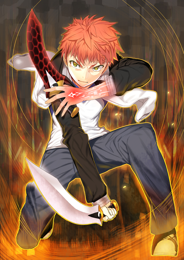 1boy char command_spell dual_wielding emiya_shirou fate/stay_night fate_(series) kanshou_&amp;_bakuya redhead solo squatting sword weapon