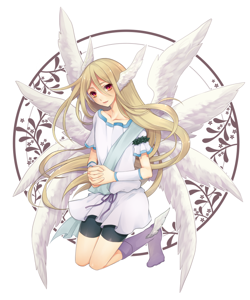 1boy afuro_terumi angel_wings bike_shorts blonde_hair collarbone hinaame inazuma_eleven inazuma_eleven_(series) kneeling long_hair looking_at_viewer male no_shoes red_eyes seraph socks solo very_long_hair white_background wings zeus_(inazuma_eleven)