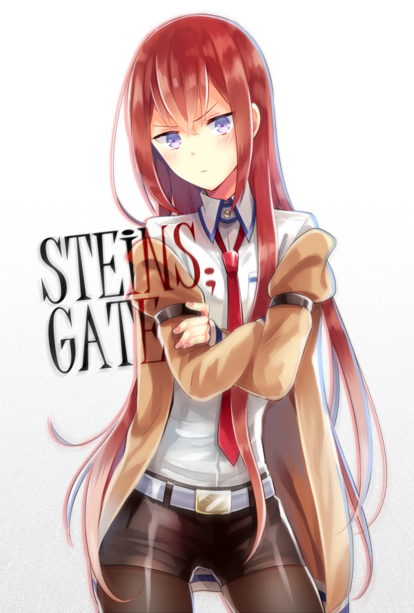 1girl belt blue_eyes blush brown_hair crossed_arms english jacket legwear_under_shorts long_hair looking_at_viewer makise_kurisu nail_polish necktie pantyhose shorts solo standing steins;gate tayako