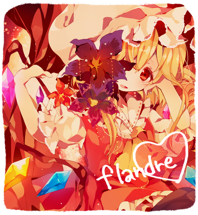 1girl ana_(rznuscrf) ascot blonde_hair elbow_rest flandre_scarlet flower hat red_eyes sash solo touhou wings
