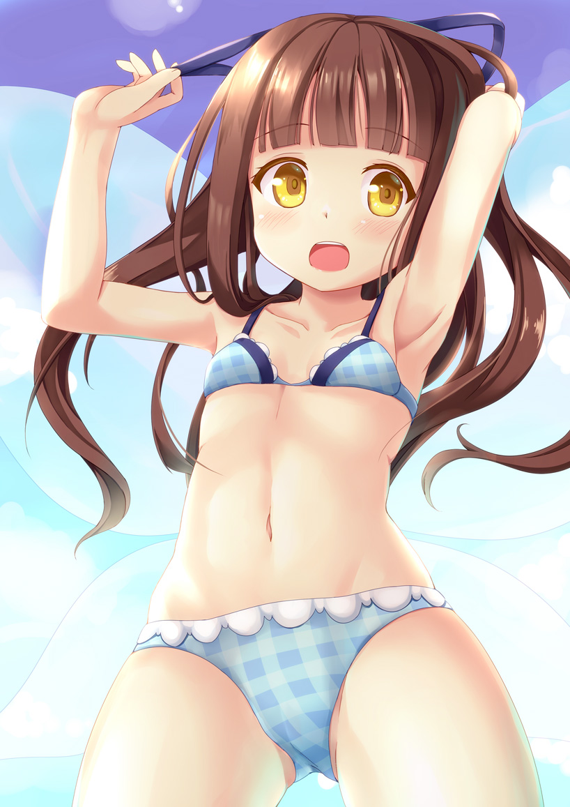 1girl bikini blue_bikini brown_hair collarbone fairy fairy_wings long_hair navel niiya open_mouth solo star_sapphire swimsuit touhou wings yellow_eyes