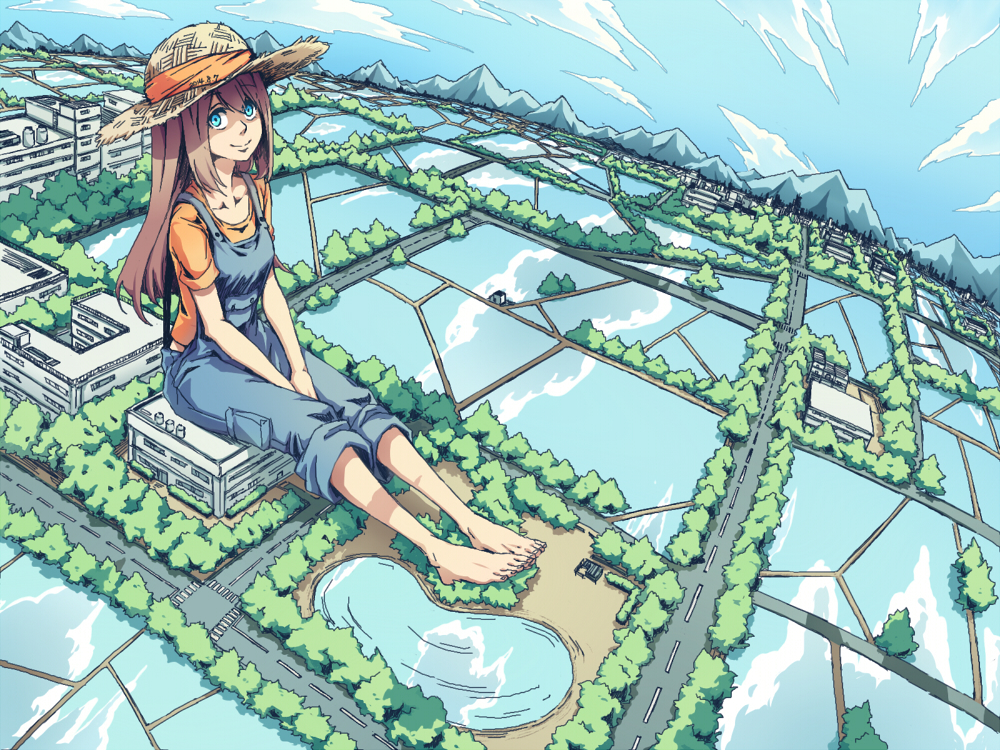 1girl barefoot blue_eyes brown_hair giantess hat long_hair looking_up original overalls reflection sitting sky smile solo straw_hat t-shirt water
