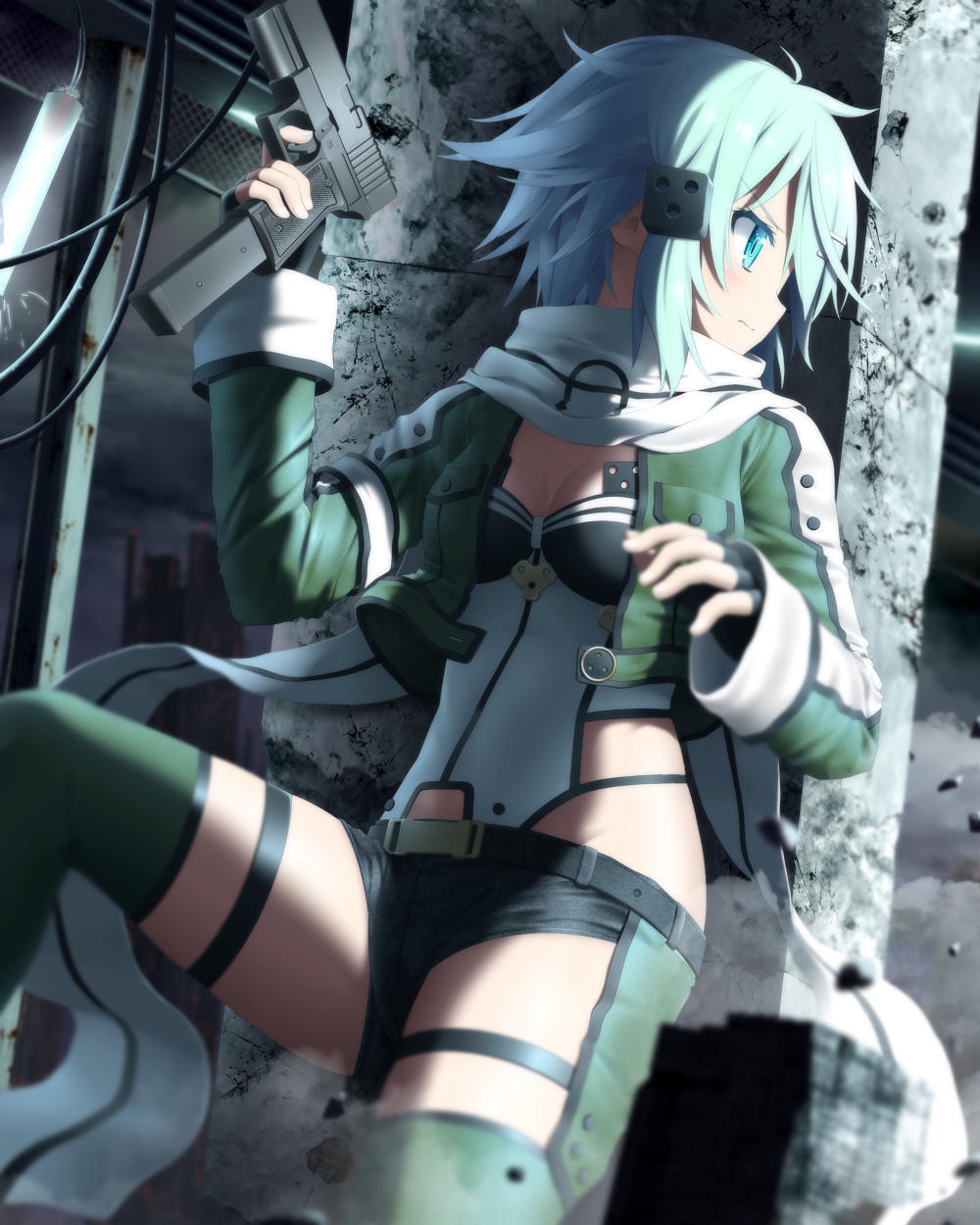 1girl aqua_hair black_gloves blue_eyes chaps fingerless_gloves gloves gun hair_ornament hairclip handgun haribote_(tarao) highres magazine_(weapon) magazine_ejection scarf shinon_(sao) short_hair short_shorts shorts solo sword_art_online taking_cover weapon