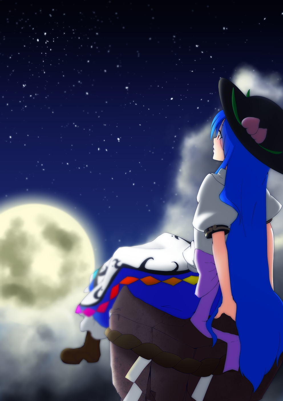 1girl arm_support arms_behind_back blouse blue_hair blurry boots clouds depth_of_field flying food from_behind fruit hat highres hinanawi_tenshi kameyan keystone long_hair long_skirt looking_away moon night night_sky peach rope sash shimenawa sitting skirt sky solo star_(sky) starry_sky touhou